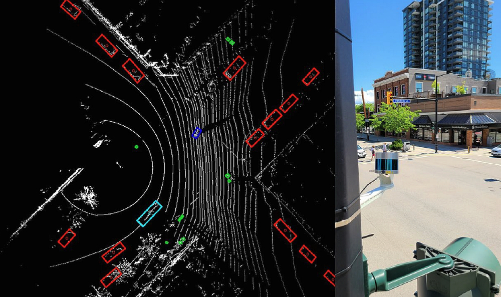 Fig. 1 - Lidar 3D representation of an intersection, Toronto, ON (left), installation sample (right)