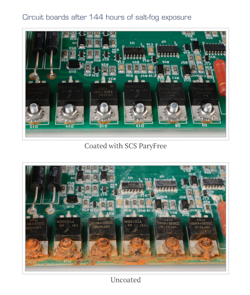 image showing the effects of salt-fog exposure on circuit boards against those coated with SCS ParyFree